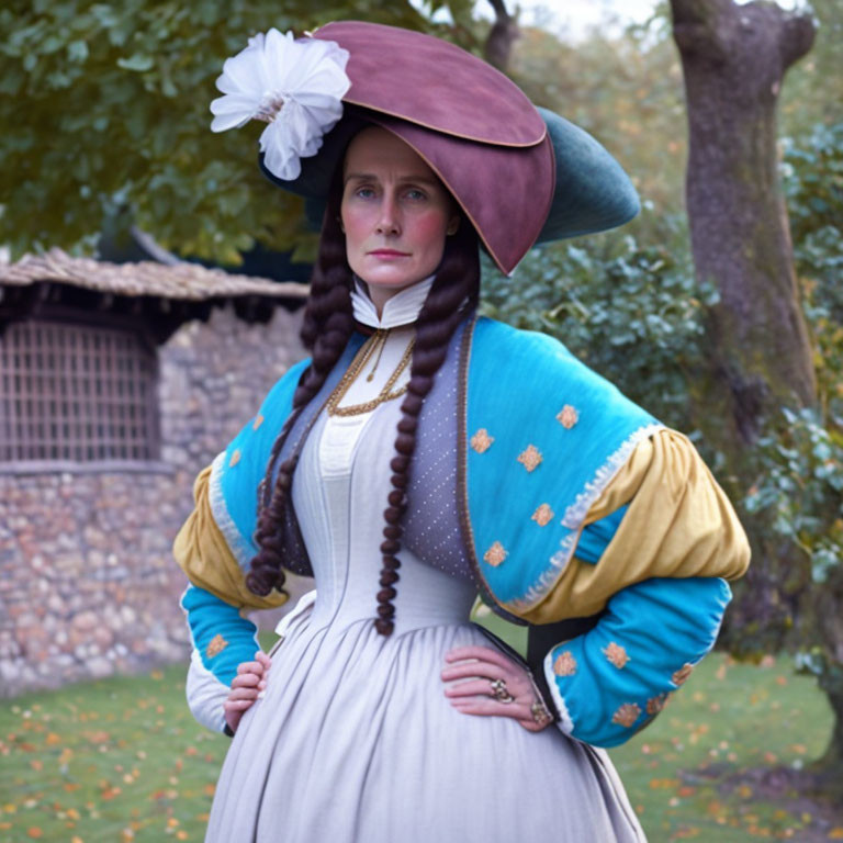 Historical woman in tricorne hat and puffed sleeves poses in garden setting