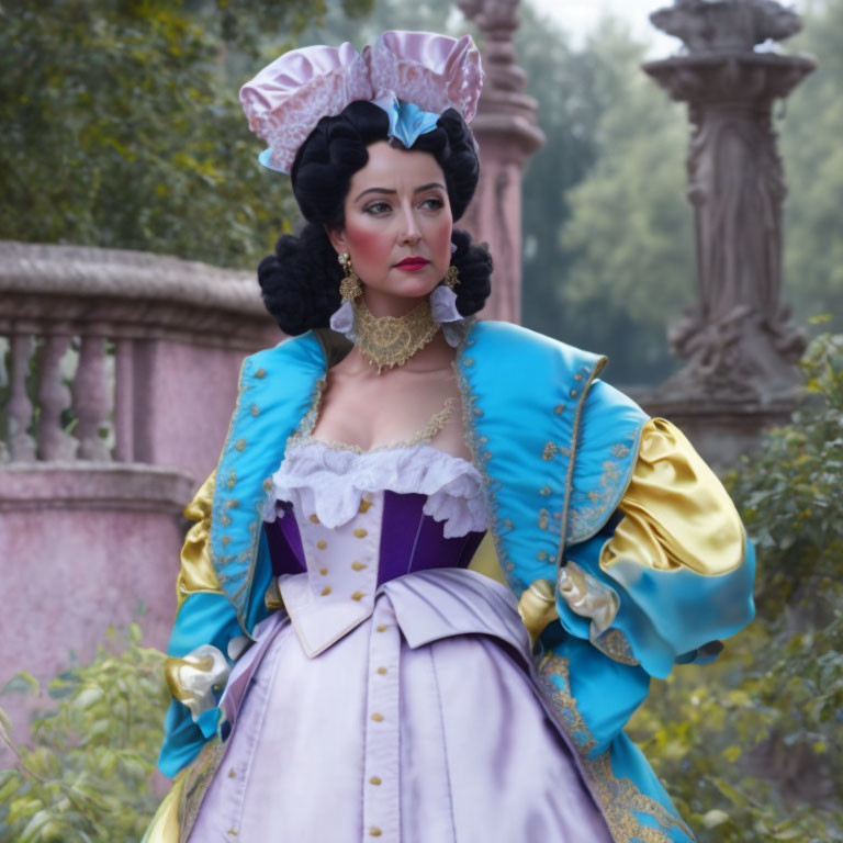 Elaborate Historical Costume Woman in Blue and Purple Dress Pose