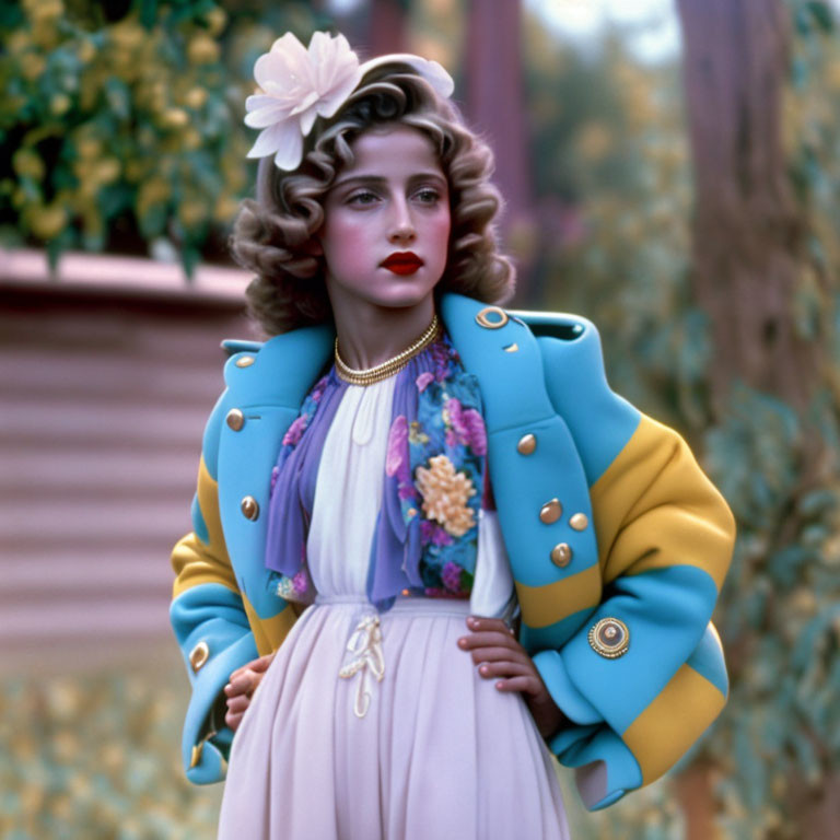 Vintage Makeup Woman in Blue Coat and Floral Dress Outdoors