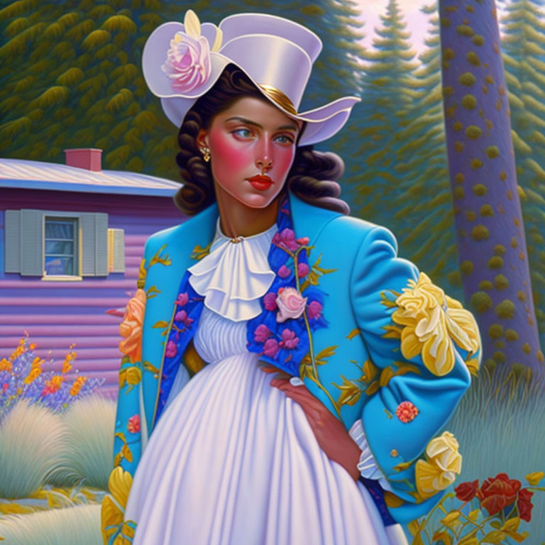 Stylized vintage woman illustration with blue jacket and white hat