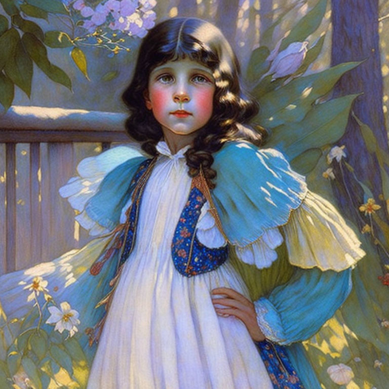 Young girl in white dress with blue sash, surrounded by flowers in sunlight