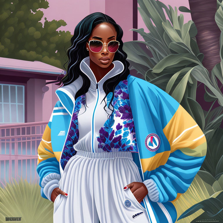 Colorful Tracksuit and Sunglasses Fashion Illustration with Wavy-Haired Woman Posing in Front