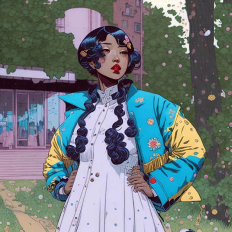 Illustrated woman with blue-black hair in braids wearing stylish white and blue floral jacket in urban park