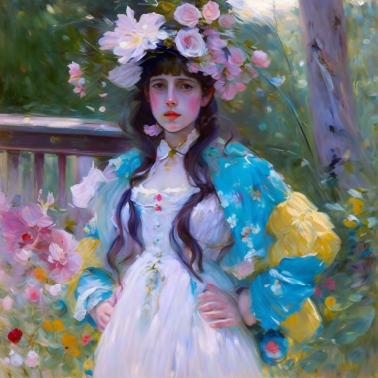 Young Woman with Floral Wreath in White Dress Surrounded by Flowers