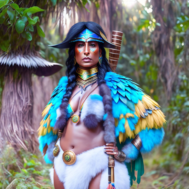 Elaborate Blue Tribal Attire with Feathered Headdress in Forest