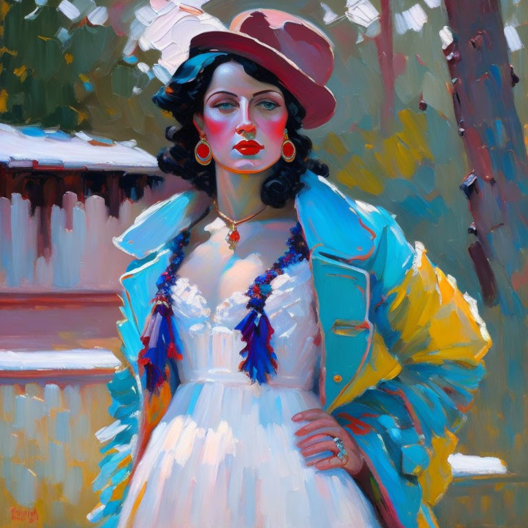 Portrait of woman in wide-brimmed hat, red lipstick, yellow jacket, white dress, blue