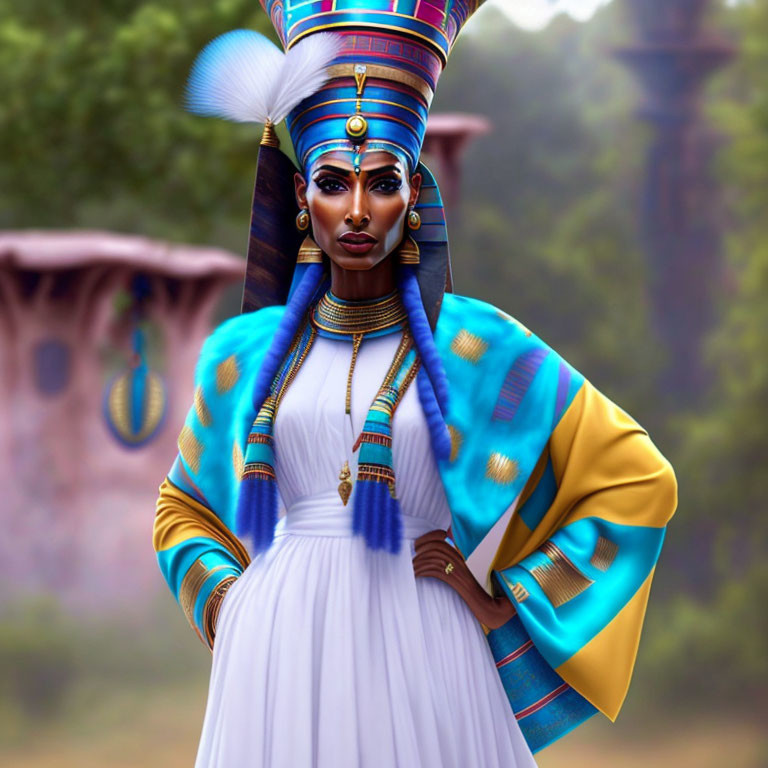 Elaborate Ancient Egyptian-Style Attire with Confident Pose