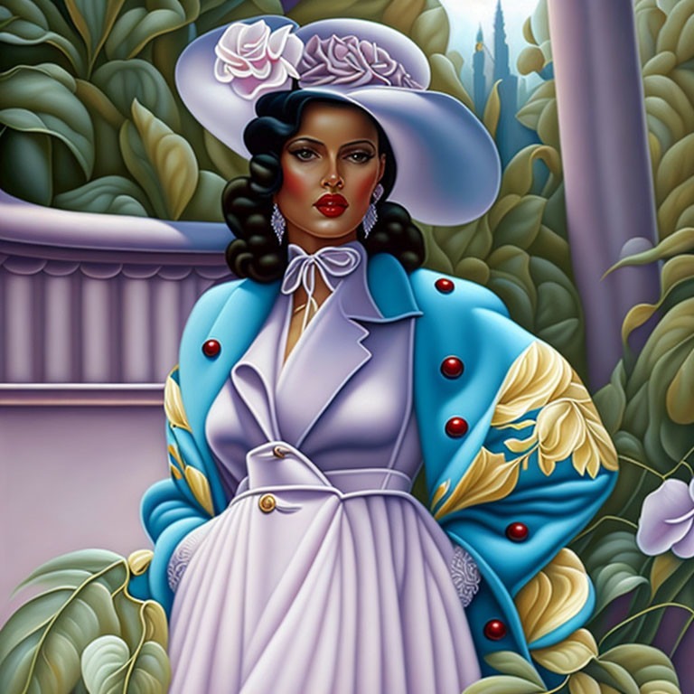 Illustration of woman in purple dress and blue jacket with red lipstick, dark hair, and wide-br