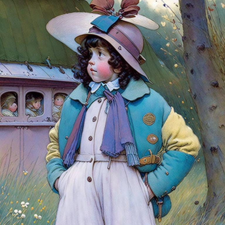 Illustration of young girl in hat and blue coat by tree with tiny door.