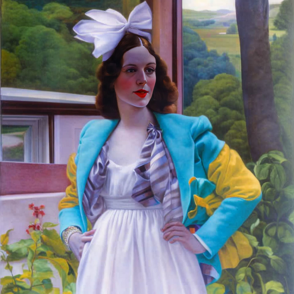 Woman in white dress with blue jacket and bow by open window overlooking green hills