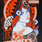 Stylized woman in bandana with space theme and Russian text in retro poster