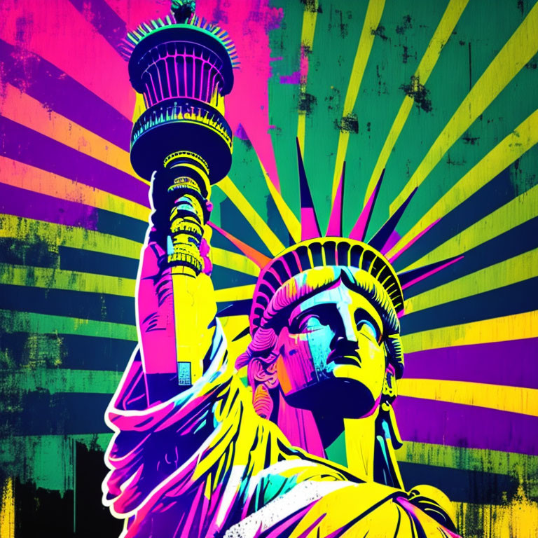 Colorful Pop Art Style Statue of Liberty Illustration on Striped Background