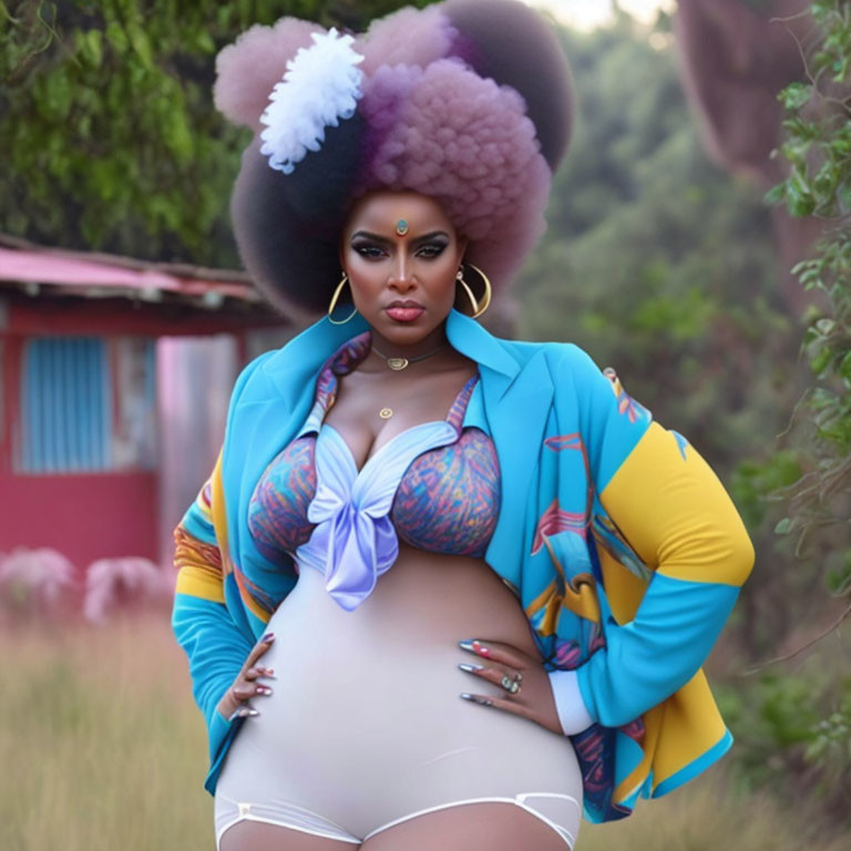 Colorful Hairstyle Woman Poses in Blue Jacket and Bikini Top