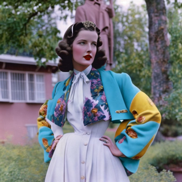 Vintage Fashion Woman in Floral Blouse, Blue Jacket, White Skirt & Tiara in Garden