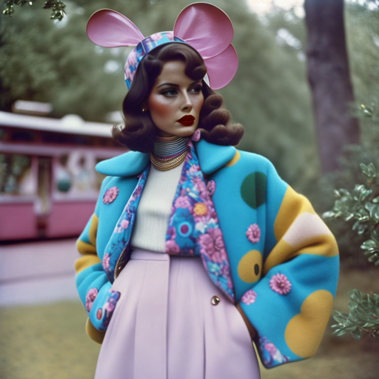 Vintage Woman in Colorful Floral Coat and Pink Skirt with Pink Tram Background