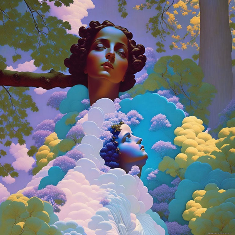 Stylized female faces merge in colorful nature scene