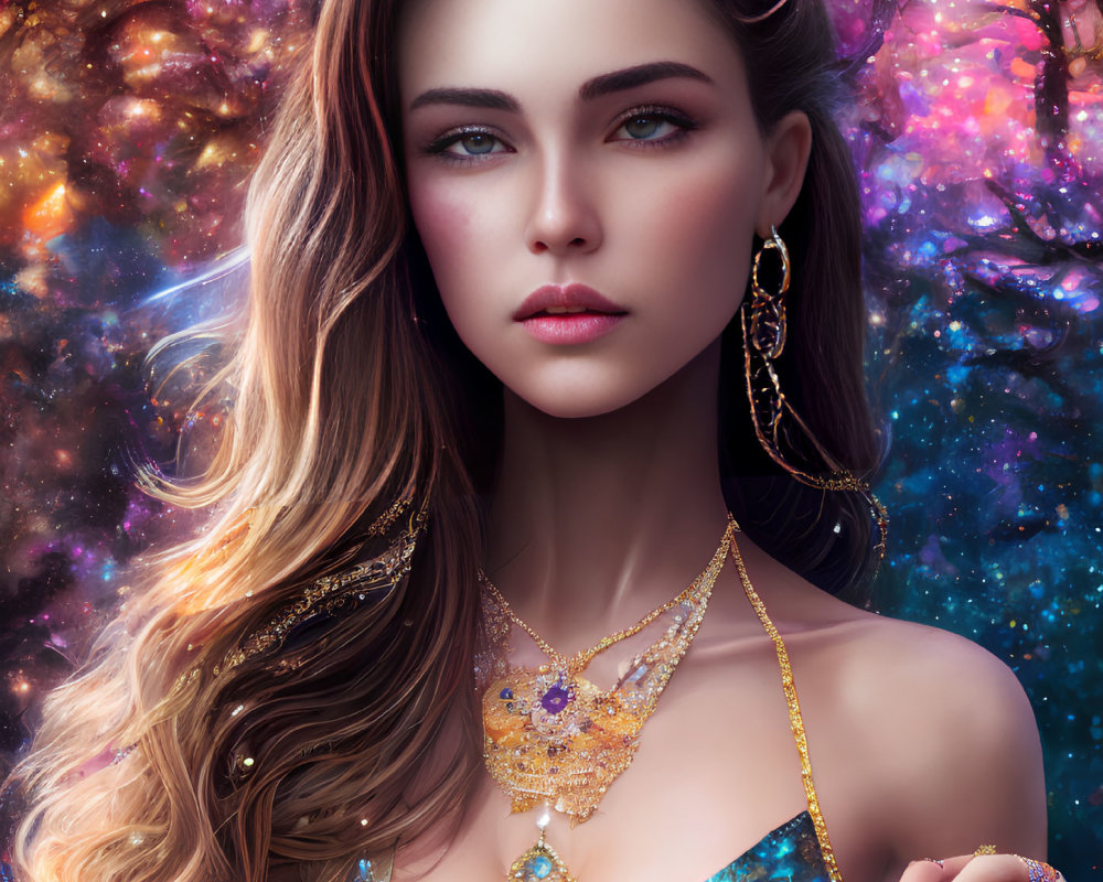 Striking blue-eyed woman with long wavy hair in cosmic setting with ornate jewelry