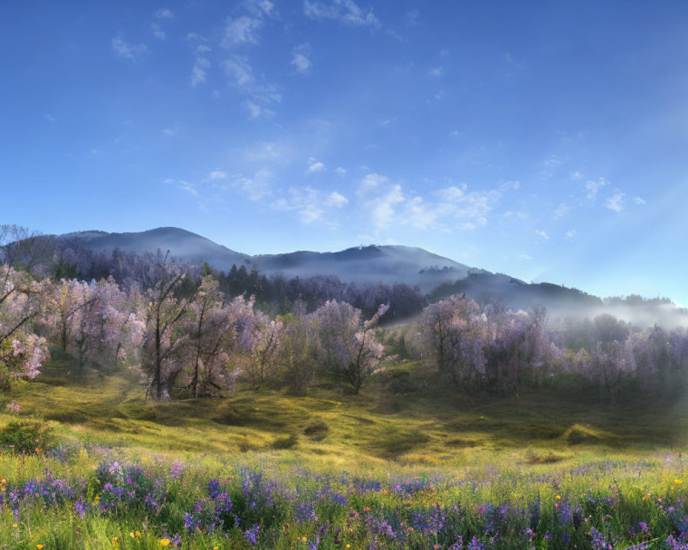 Tranquil cherry blossom and wildflower landscape with misty mountains