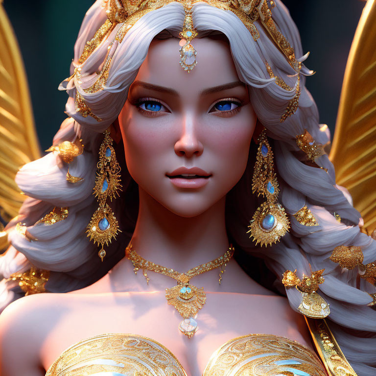 Detailed 3D illustration of female character with blue eyes, ornate golden jewelry, and elaborate white