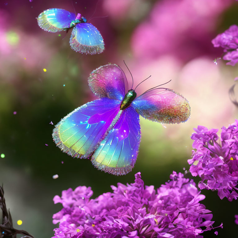 Colorful Butterfly Resting on Pink Flowers with Another in Flight