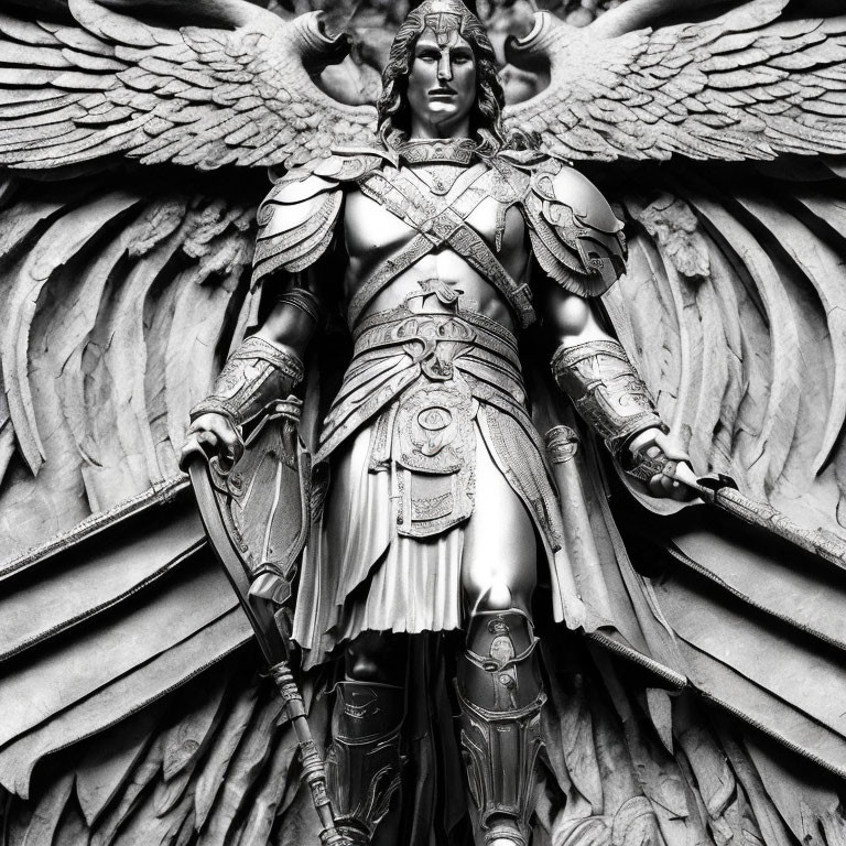 Monochrome photo of majestic winged figure in detailed armor holding swords