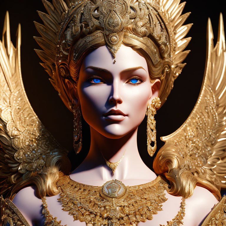 Regal figure in golden armor with crown and winged shoulder pieces on dark background