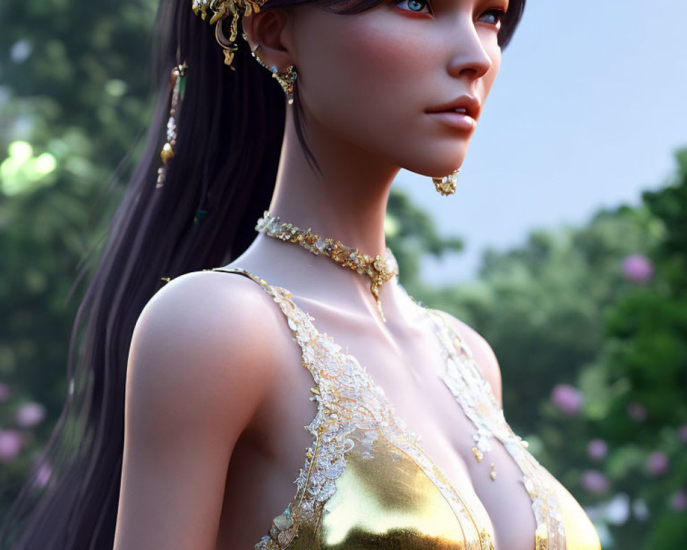 Close-Up 3D-Rendered Female Character in Golden Dress and Jewelry