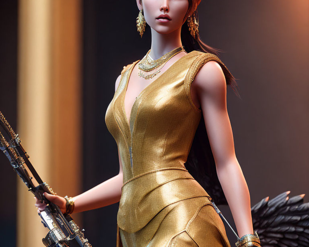 3D-rendered female warrior in golden armor with bow and dark wings