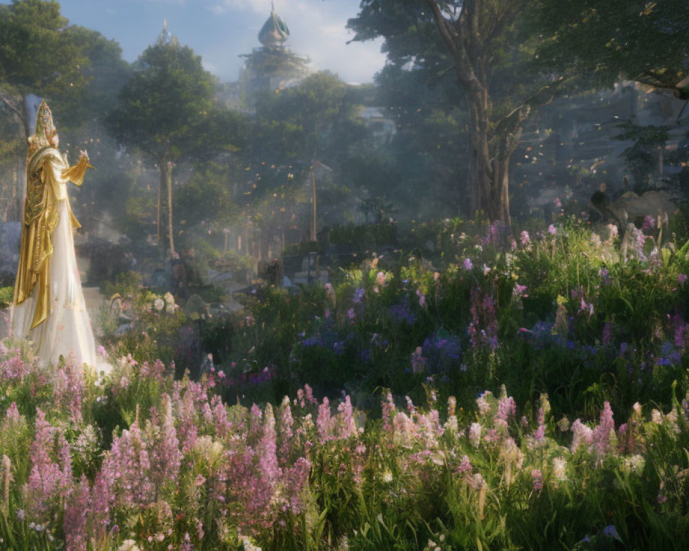 Person in golden robe walks through sunlit glade with lavender flowers, fireflies, and castle.