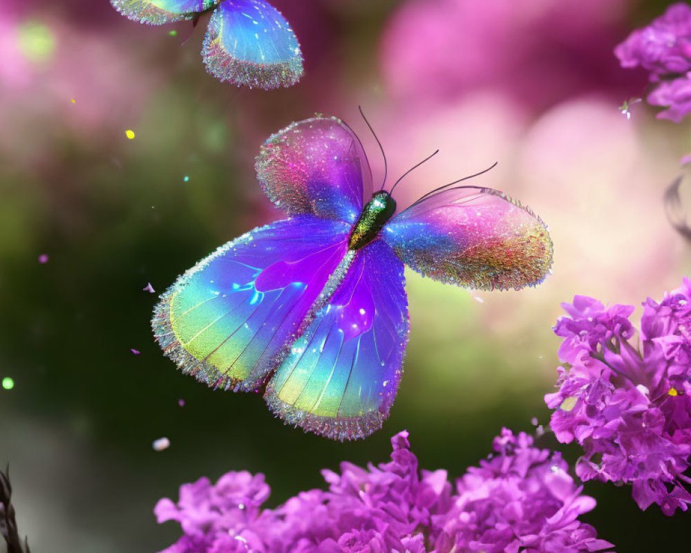 Colorful Butterfly Resting on Pink Flowers with Another in Flight