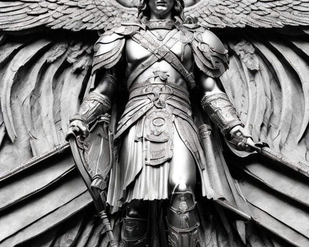 Monochrome photo of majestic winged figure in detailed armor holding swords