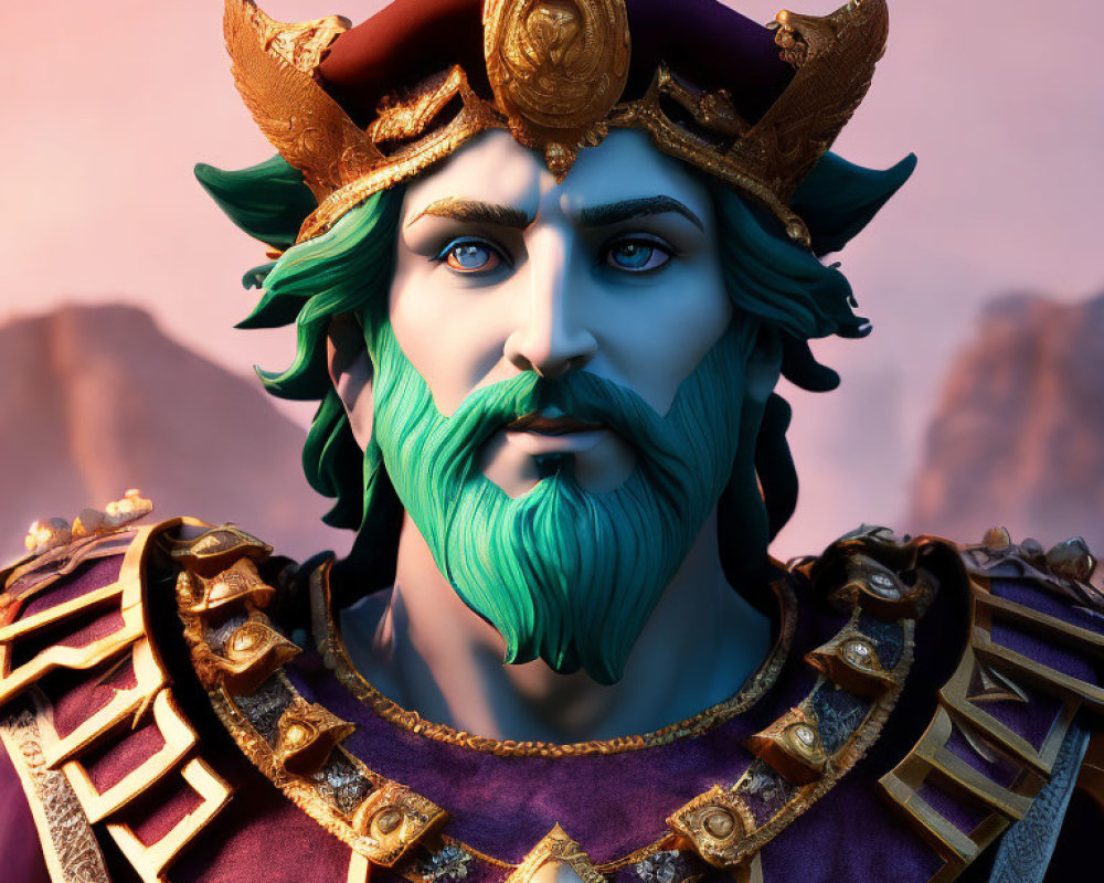 Regal character with green beard and golden crown in ornate armor against mountain backdrop