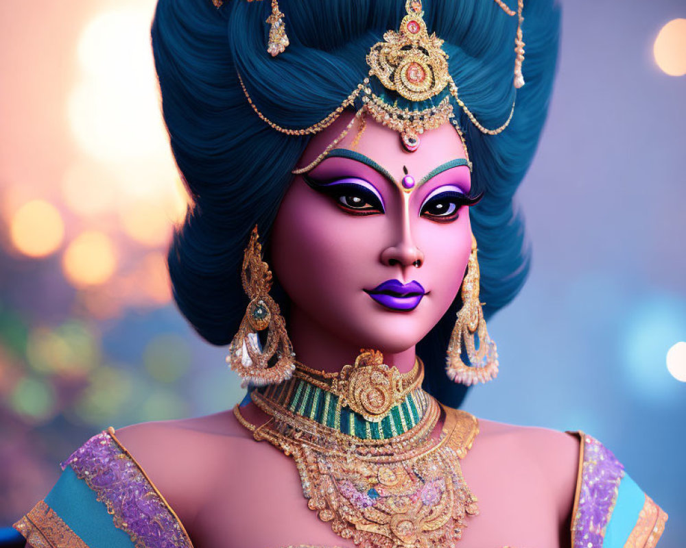 Blue-skinned woman with golden jewelry in animated image