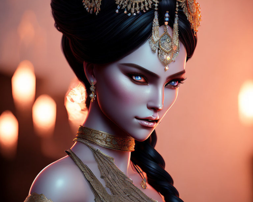 Digital artwork of a female character with blue eyes and golden headpieces in a warm setting