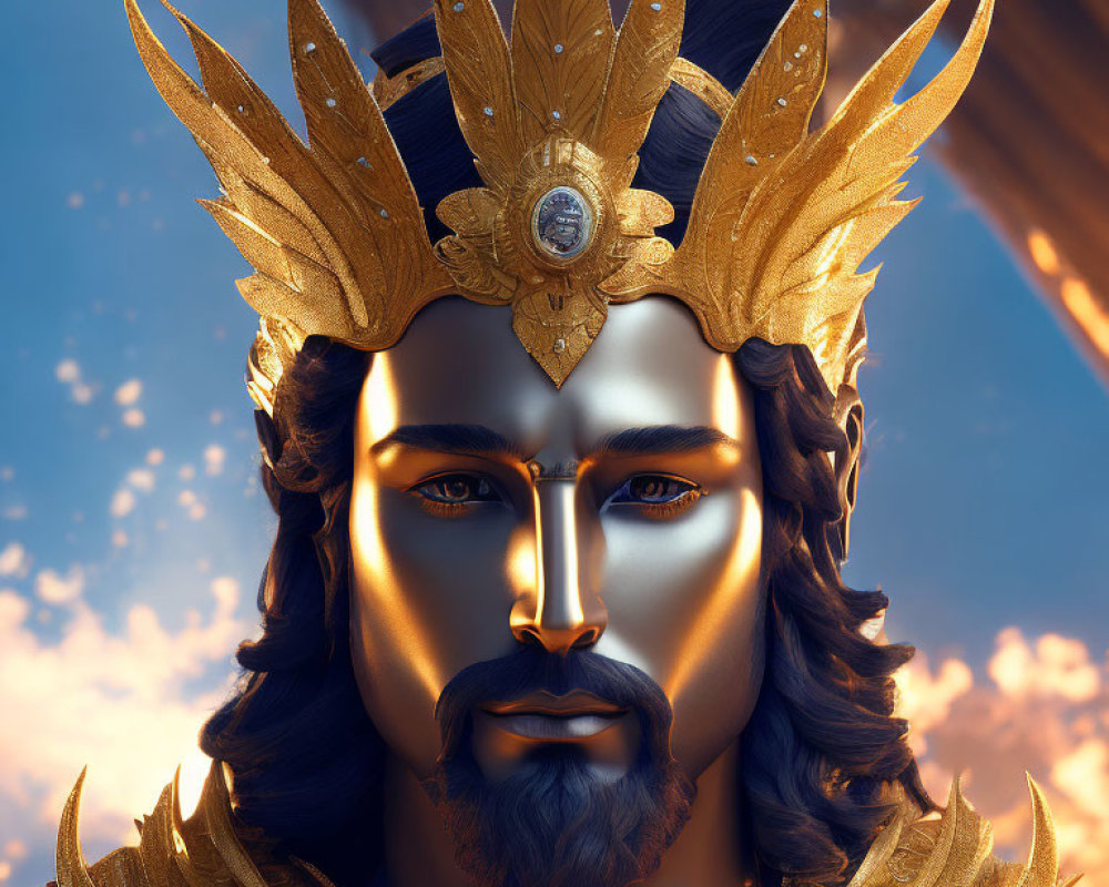 Digital artwork of a man in golden crown and armor against blue sky with intricate designs.