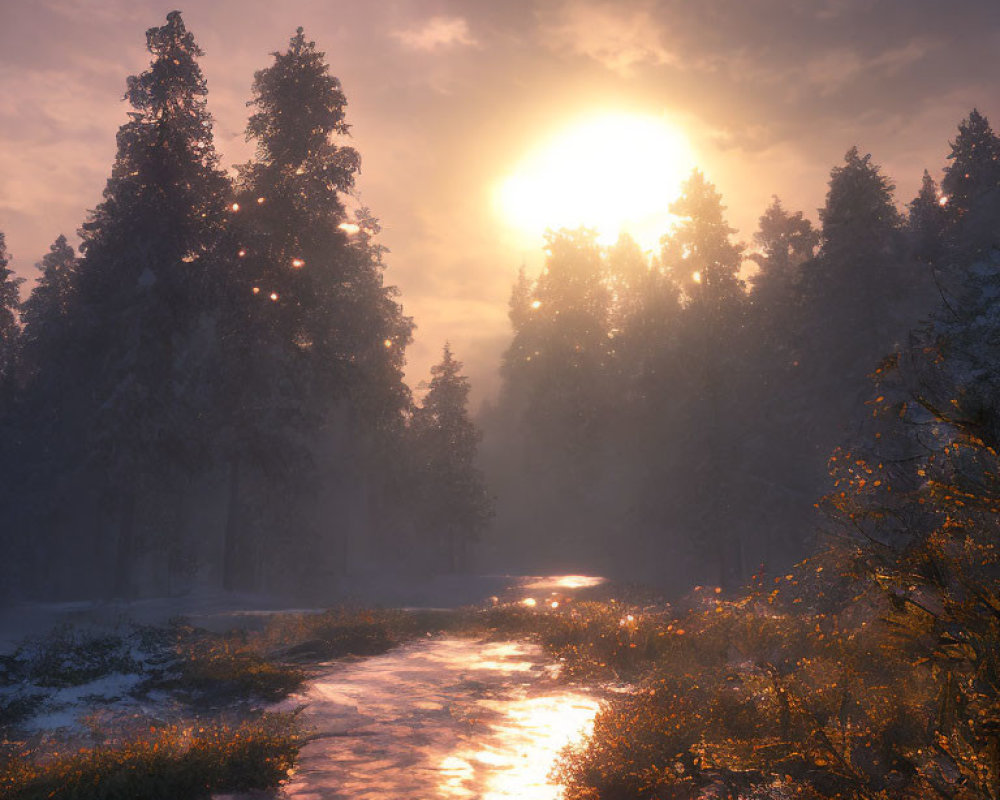 Sunset Forest Scene: Sunlight Through Trees Over Snowy Stream