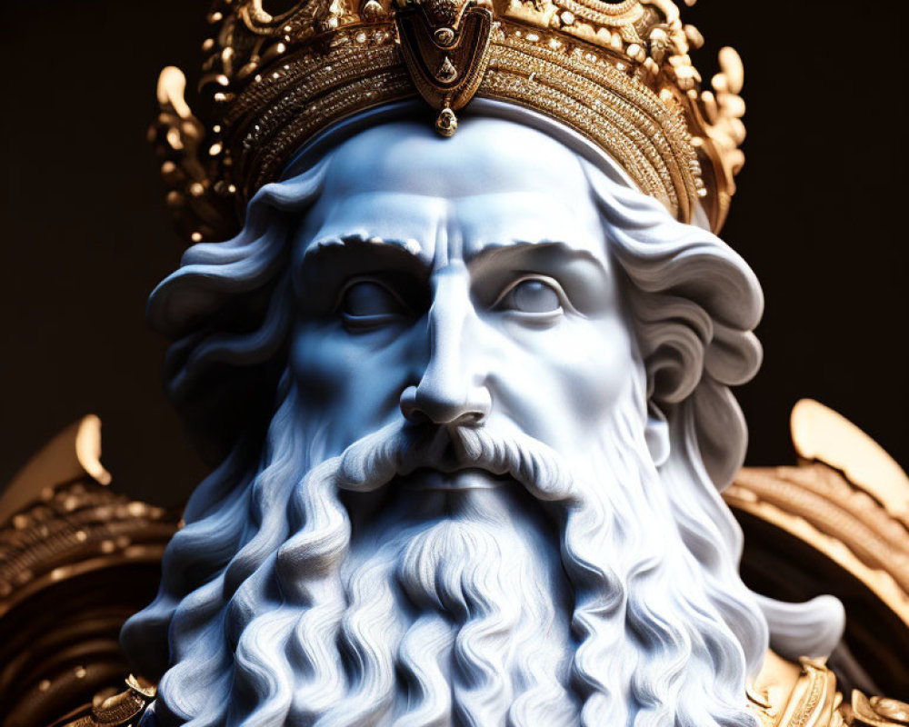 Regal figure bust with golden crown and blue skin