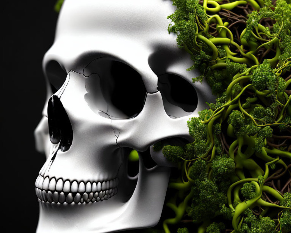 Cracked human skull with green moss on dark background