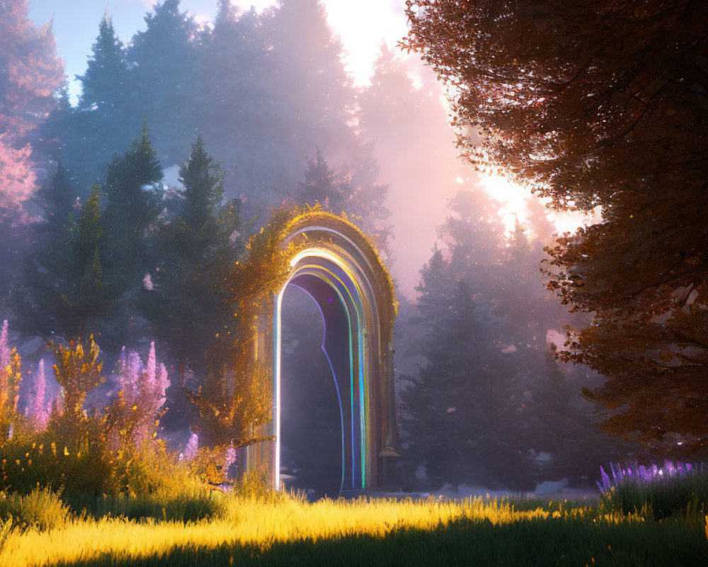 Golden archway in sunlit forest clearing with ethereal lights and mist.