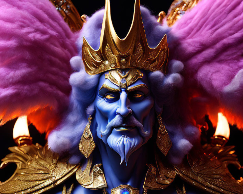 Mystical character with blue skin, golden armor, and regal gaze