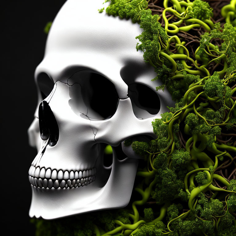 Cracked human skull with green moss on dark background