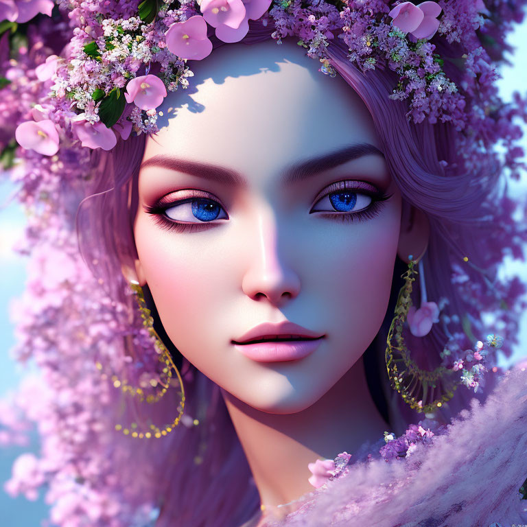 Woman with Striking Blue Eyes and Floral Crown Among Pink Blossoms