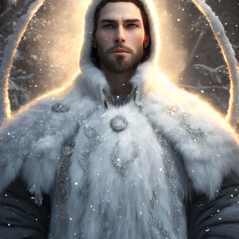 Man in White Fur Cloak with Silver Detailing in Golden Aura on Snowy Background