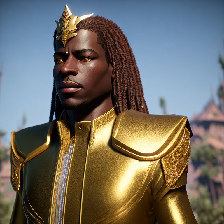 Golden-armored man with crown in 3D render against blurred natural backdrop