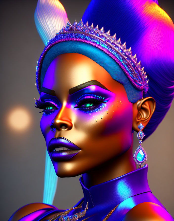 Colorful digital portrait of woman with purple skin, vibrant hair, and jeweled accessories