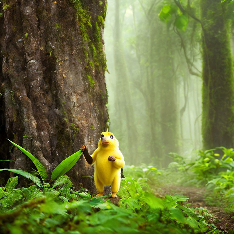 Yellow animated creature in misty forest with leaf, towering trees.