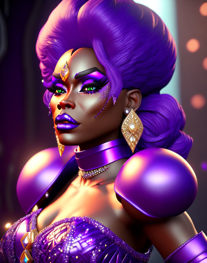 Detailed 3D Illustration of Woman with Purple Hair and Futuristic Outfit