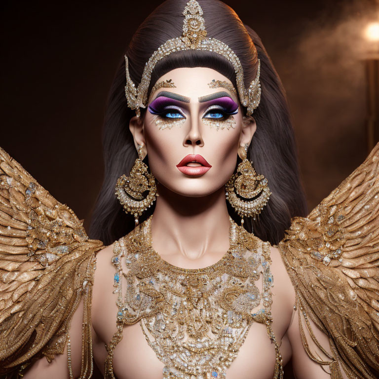 Person with dramatic makeup and opulent headdress in golden winged attire