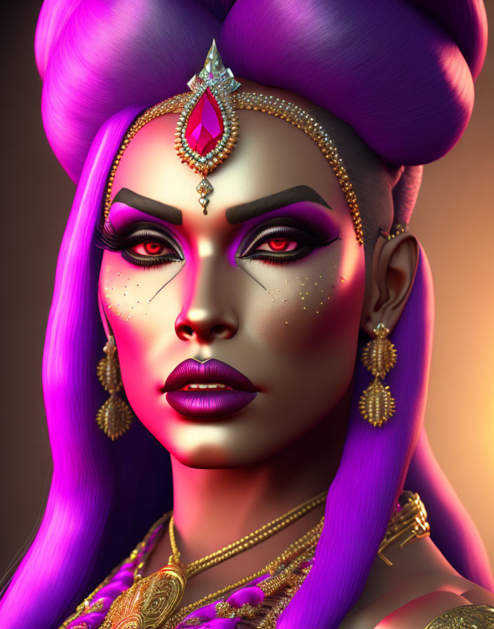 Vibrant purple hair woman with striking makeup and gold jewelry