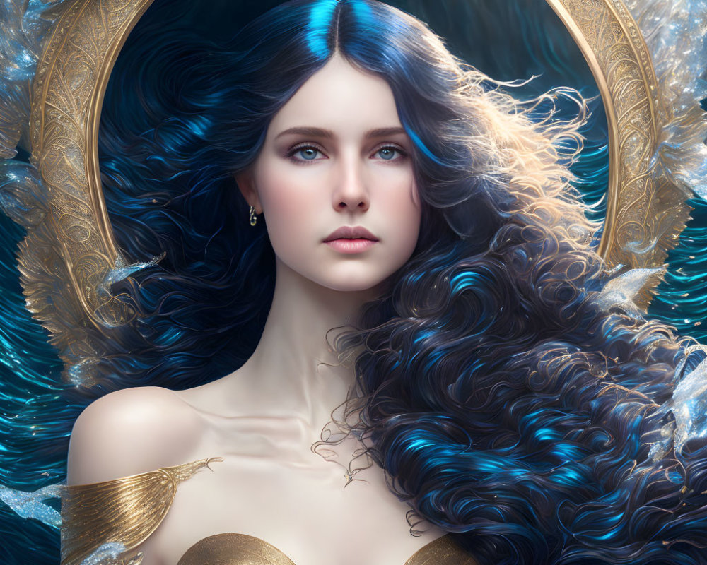 Digital artwork: Woman with blue-black wavy hair in golden circular frame on abstract blue background